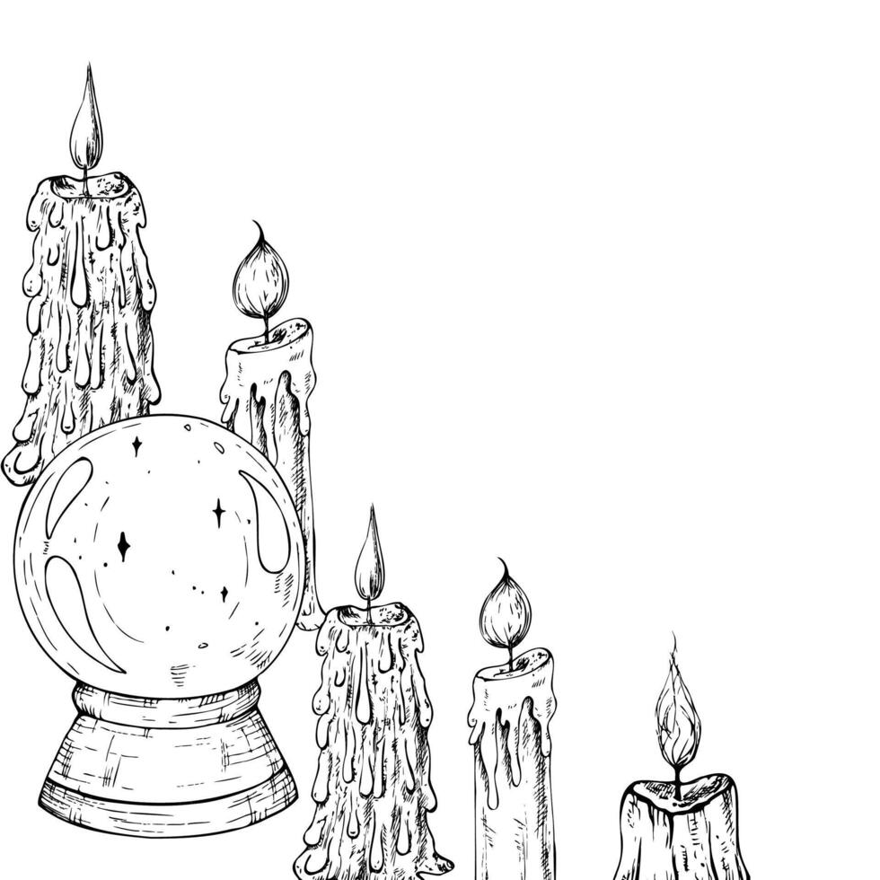 frame with crystal ball to predict the fate and candles with wick and wax. Hand painted linear candlelight illustration style for Christmas or birthday design. Graphic monochrome sketch vector