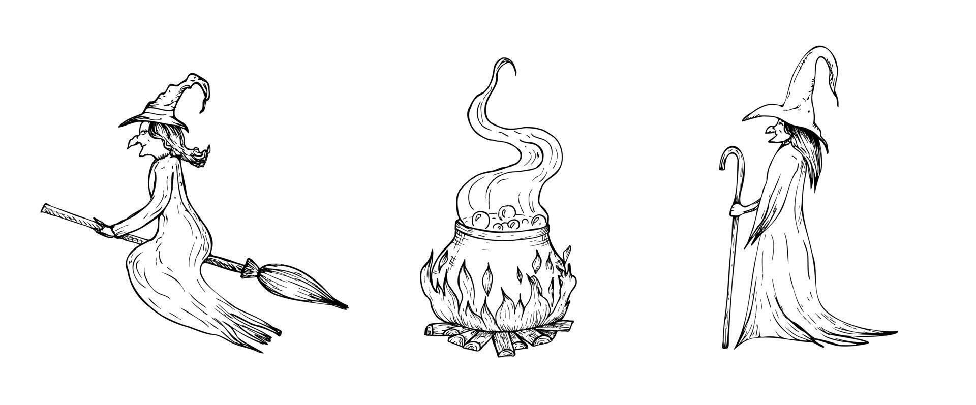 halloween witch flying on a broom witch hat. Hand painted Mystical cauldron glowing with magical fire, linear wizard cap illustration. Graphic monochrome sketch isolated on background. For vector