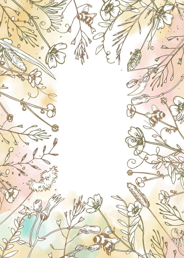 Vertical floral template frame with soft watercolor background and hand-drawn wildflowers. Botanical layout perfect for eco product labels, cards, and wedding stationery in natural aesthetic. vector