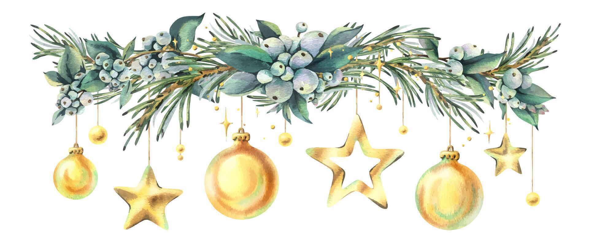Hand-painted watercolor composition with fir branches, golden ornaments, stars and berries. Ideal for festive banners, cards, and winter headers. New Year, Christmas Illustration vector