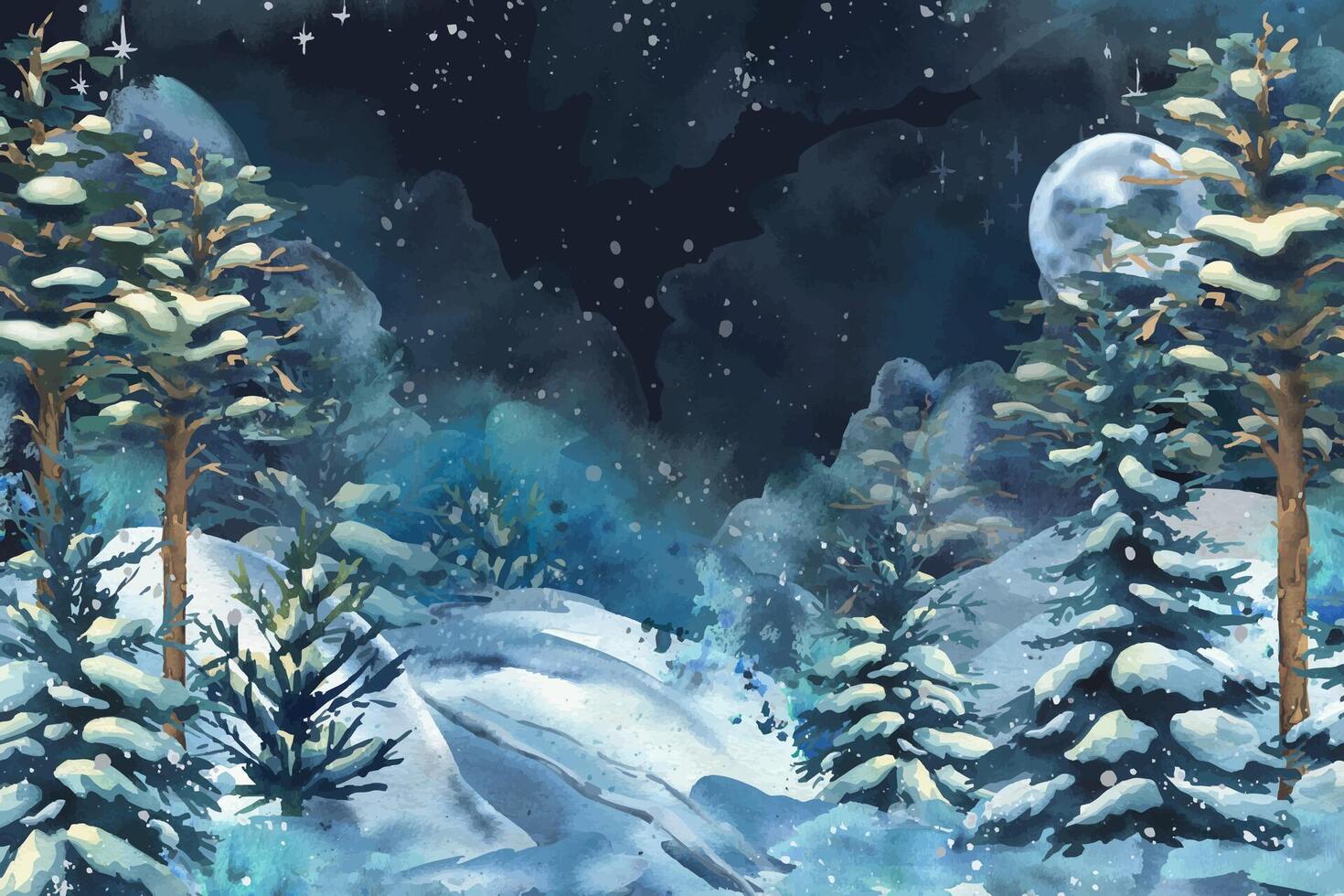 Night winter landscape with snow-covered trees, hills, and starry sky. Painted by hand in watercolor. Great for greeting cards, stories, or magical branding projects. Watercolor illustration template vector