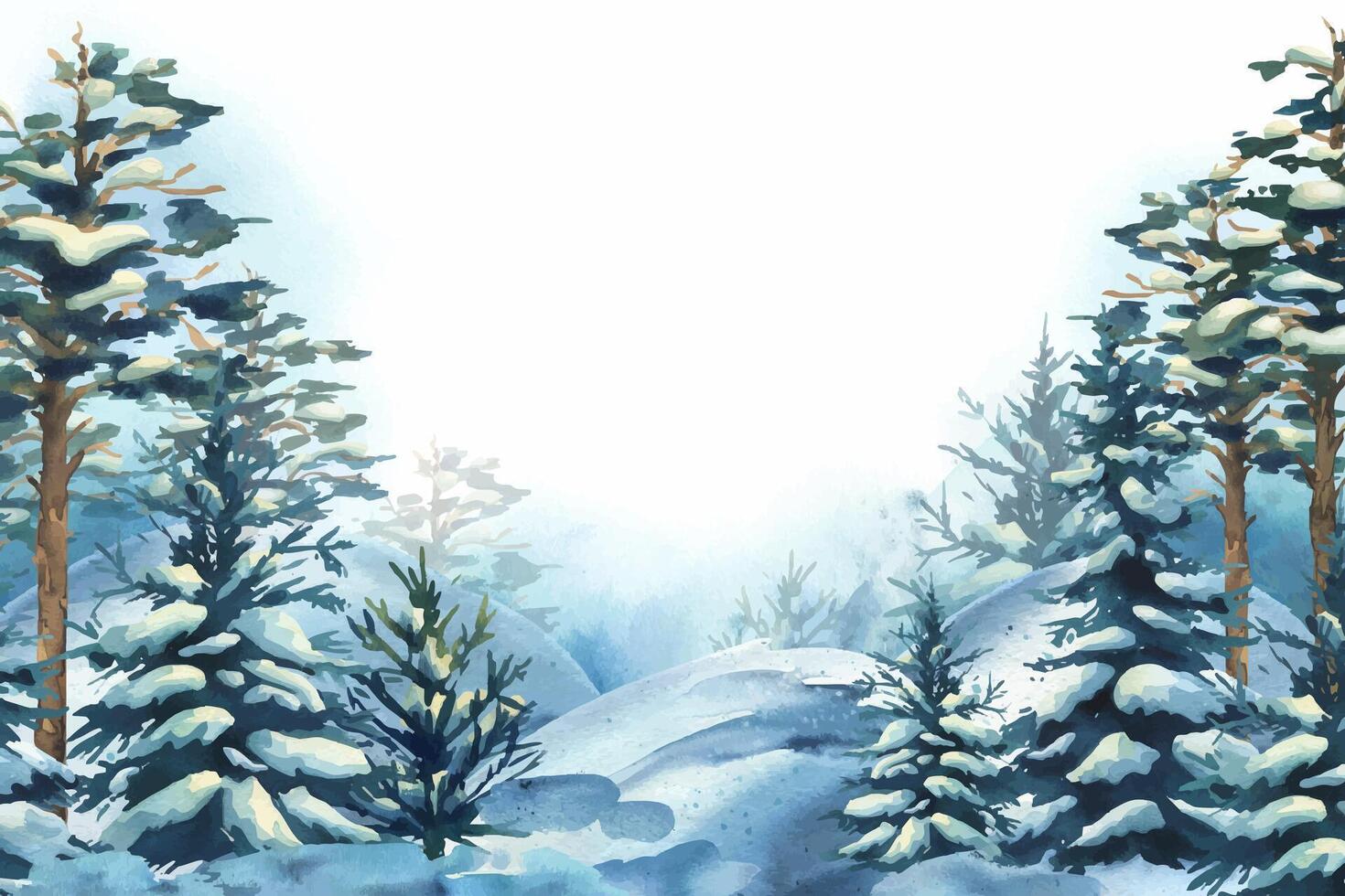 Symmetrical winter landscape with tall fir trees and snow-covered hills. Spacious center for inserting custom text. Great for holiday promotions and seasonal content. Watercolor illustration vector
