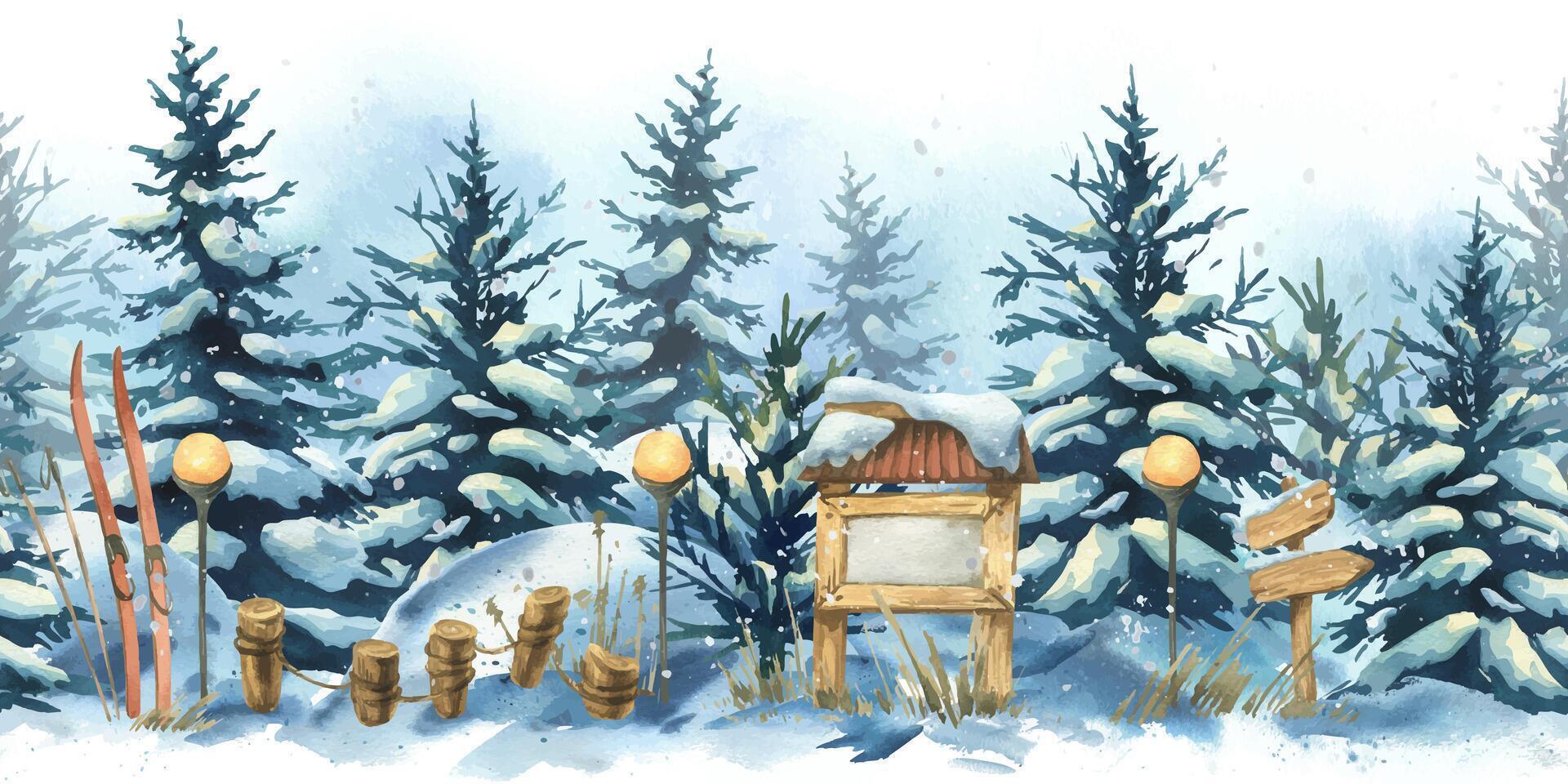 Snowy forest with skis and signposts vector