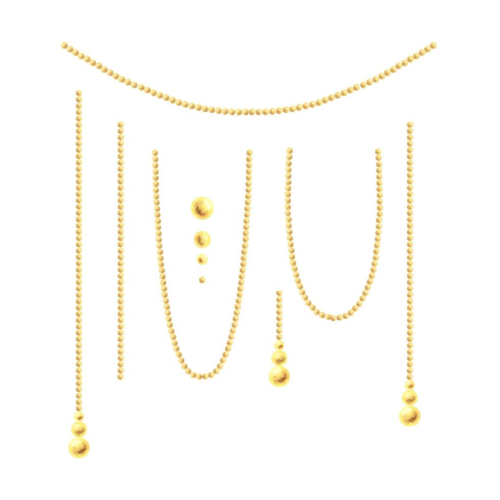 Elegant golden hanging chains, beads, and strings. Hand-painted watercolor illustration elements perfect for luxury holiday designs, branding, and decor. New Year, Christmas Illustration vector