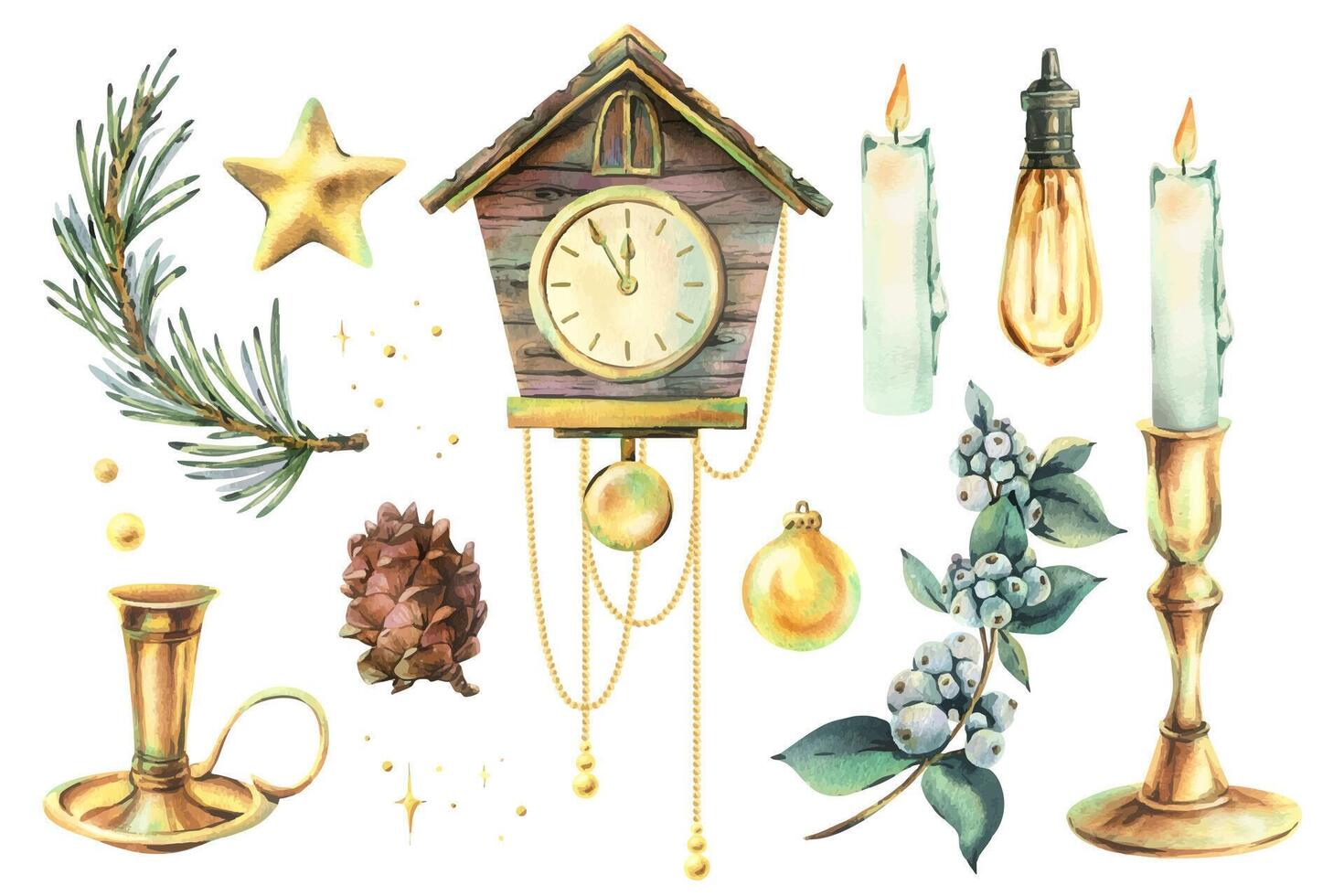 Holiday decorations with clock and candles vector