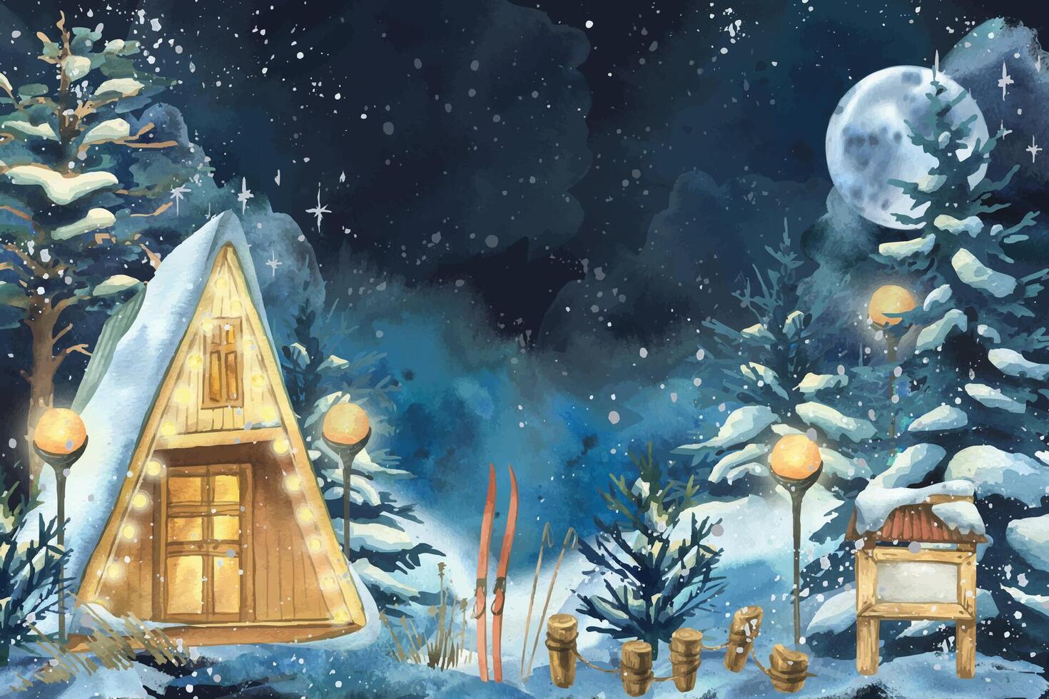 Winter cabin with ski gear in snow vector