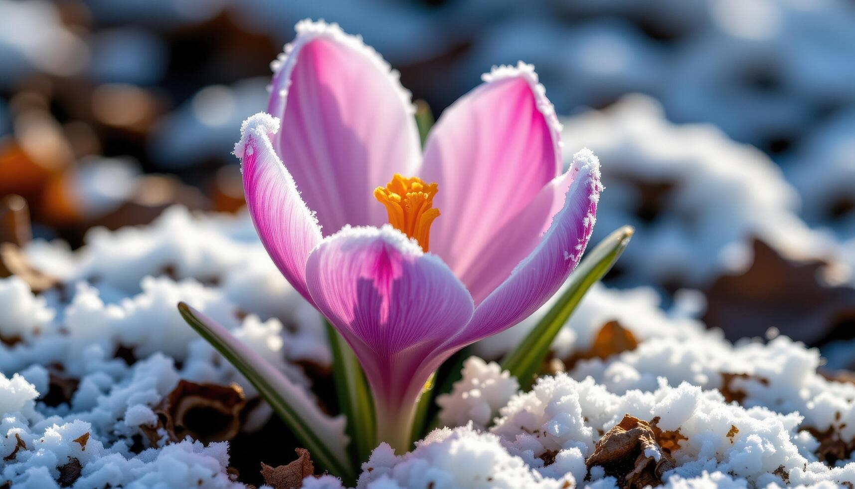 close up view of a spring crocus blooming through melting frost, with icy crystals clinging to its petals. photo