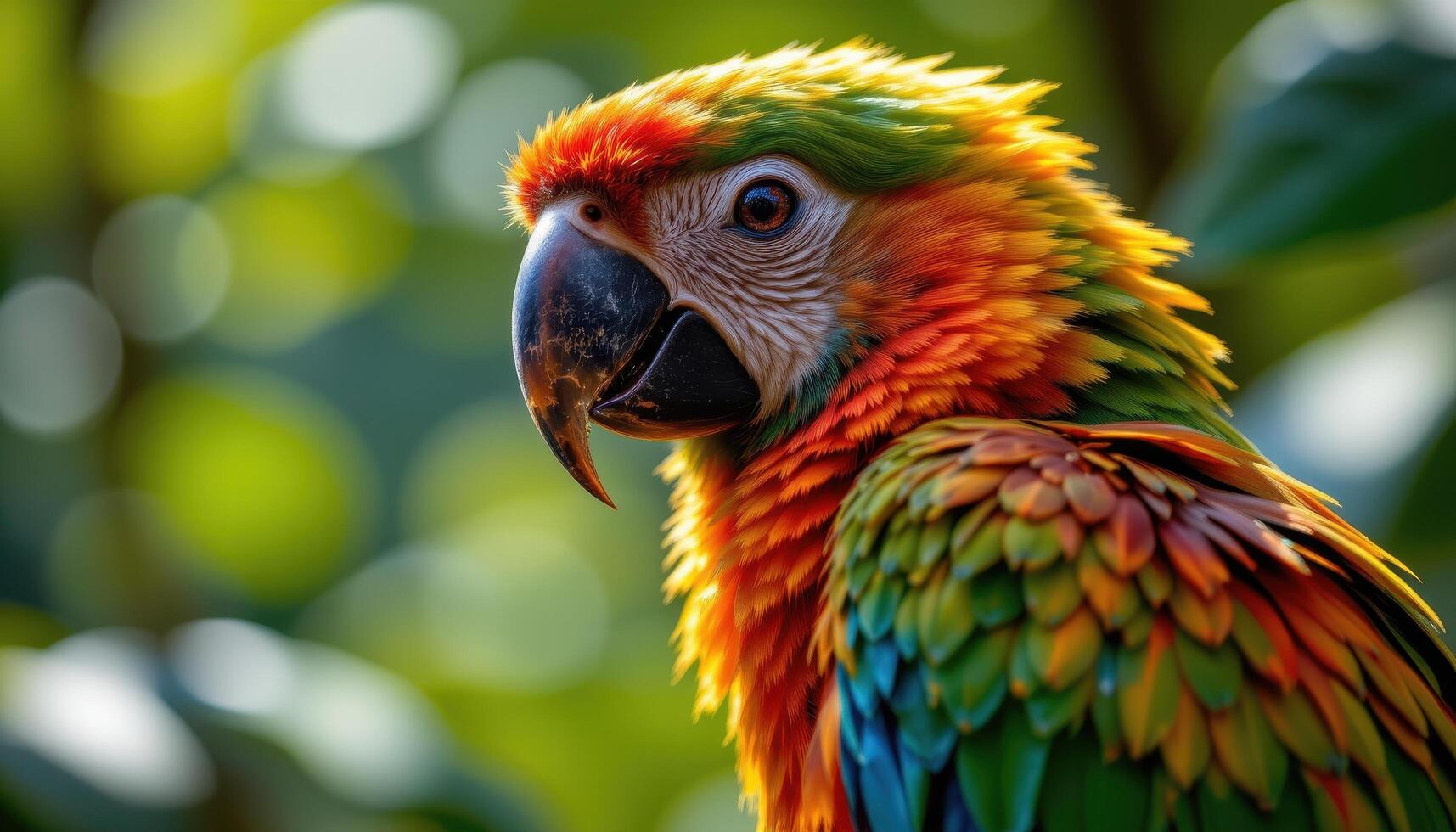 close up view of a tropical parrot with glowing colors perched in a serene setting, textures and hues sharply in focus. photo