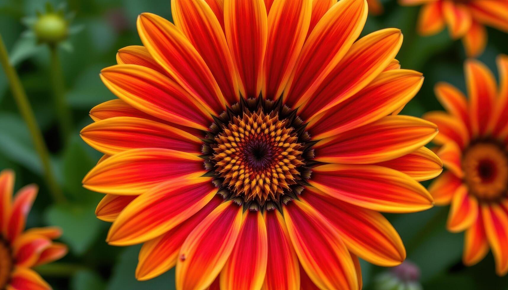 close up view of a bright gaillardia flower with red orange petals tipped in yellow and a bold patterned center. photo