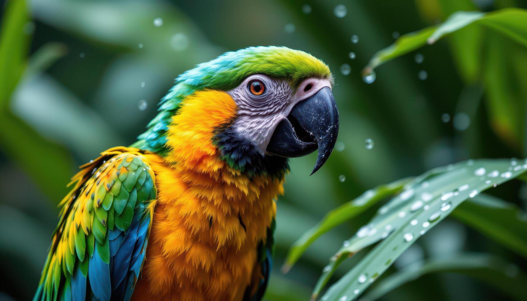 close up view of a parrot next to tropical foliage, with rain droplets adding freshness to the scene. photo
