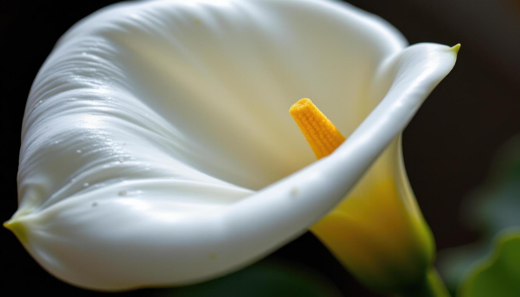close up view of a white calla lily with a smooth, elegant curve catching soft reflected light. photo