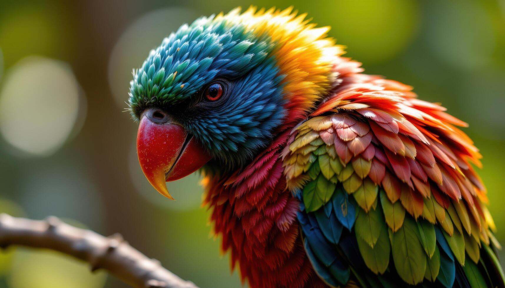 close up view of a beautiful tropical bird with richly colored plumage, resting on a branch with every feather finely detailed in warm sunlight. photo