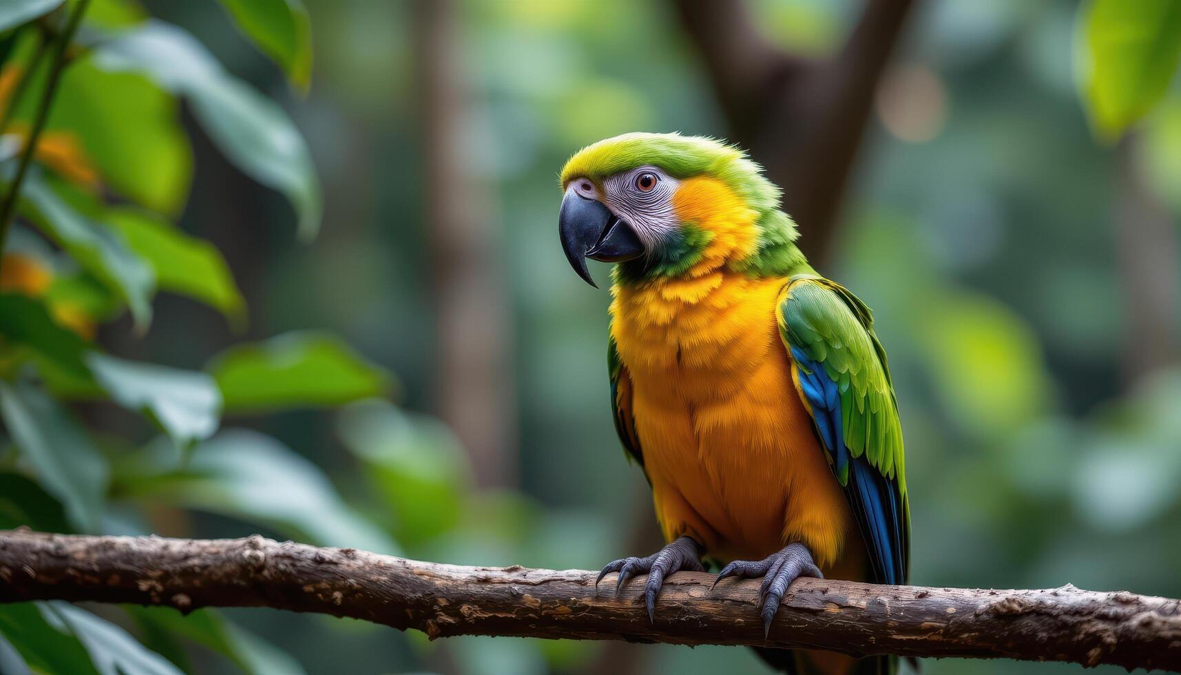close up view of a parrot sitting silently on a perch with a soft blurred rainforest in the background. photo