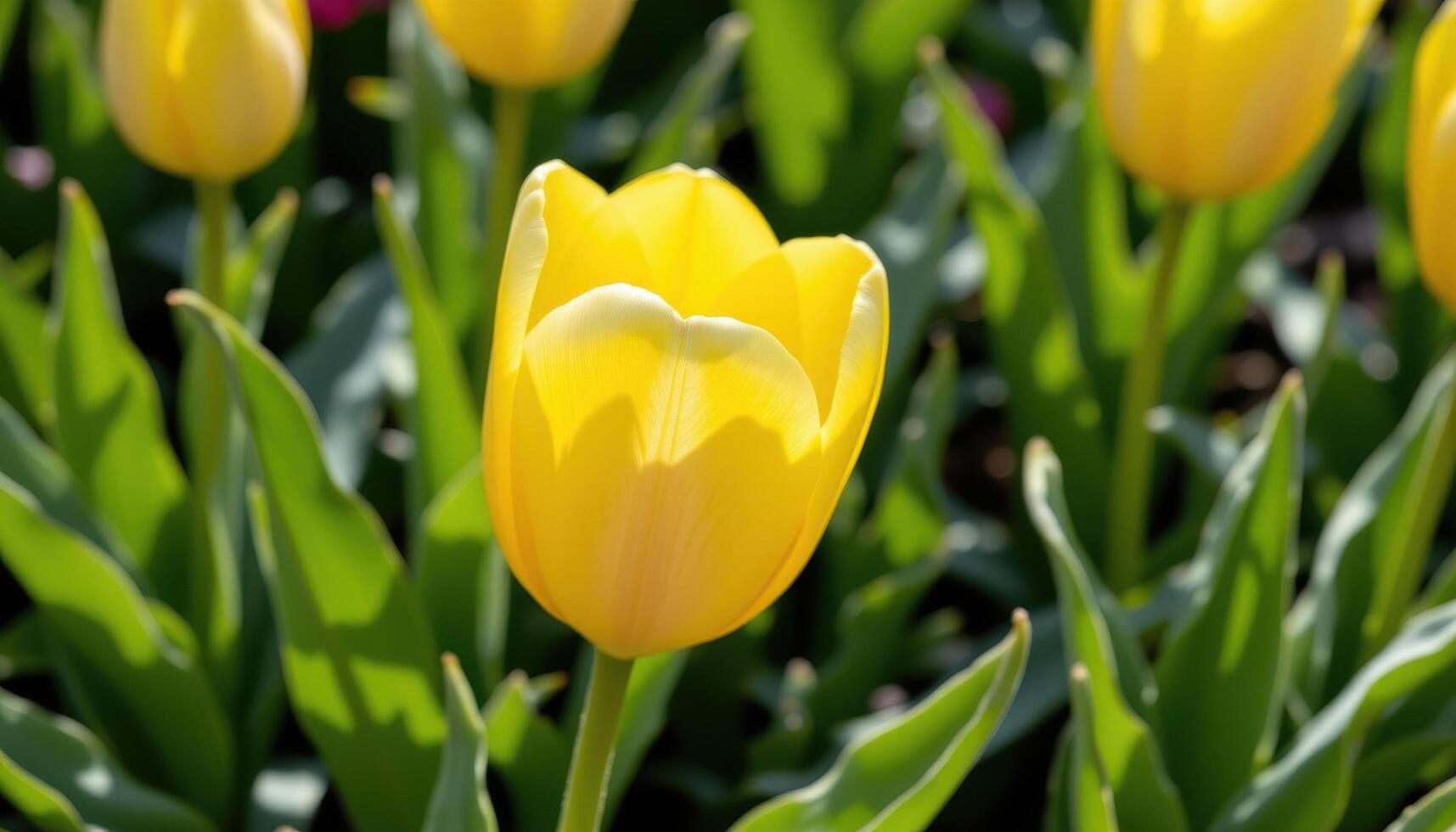 close up view of a sunny yellow tulip framed by fresh green leaves and soft shadows. photo