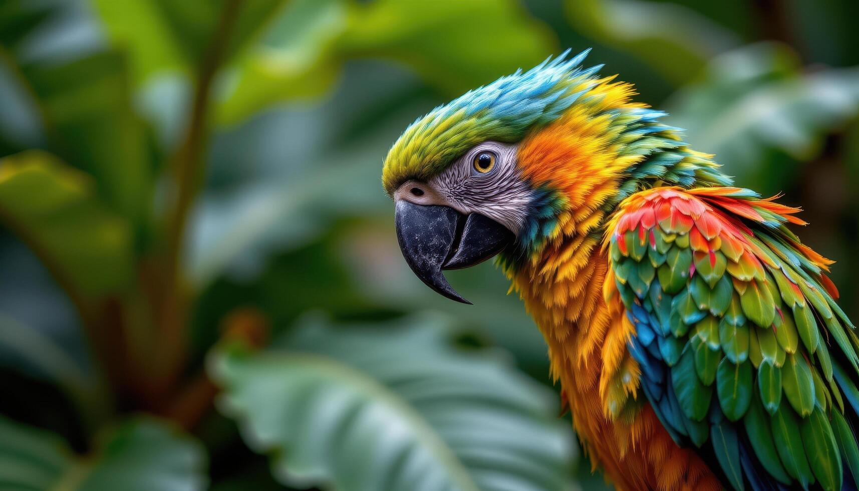 close up view of a colorful parrot focusing on the intricate feather patterns and textures, perched on a branch with rich tropical foliage behind. photo