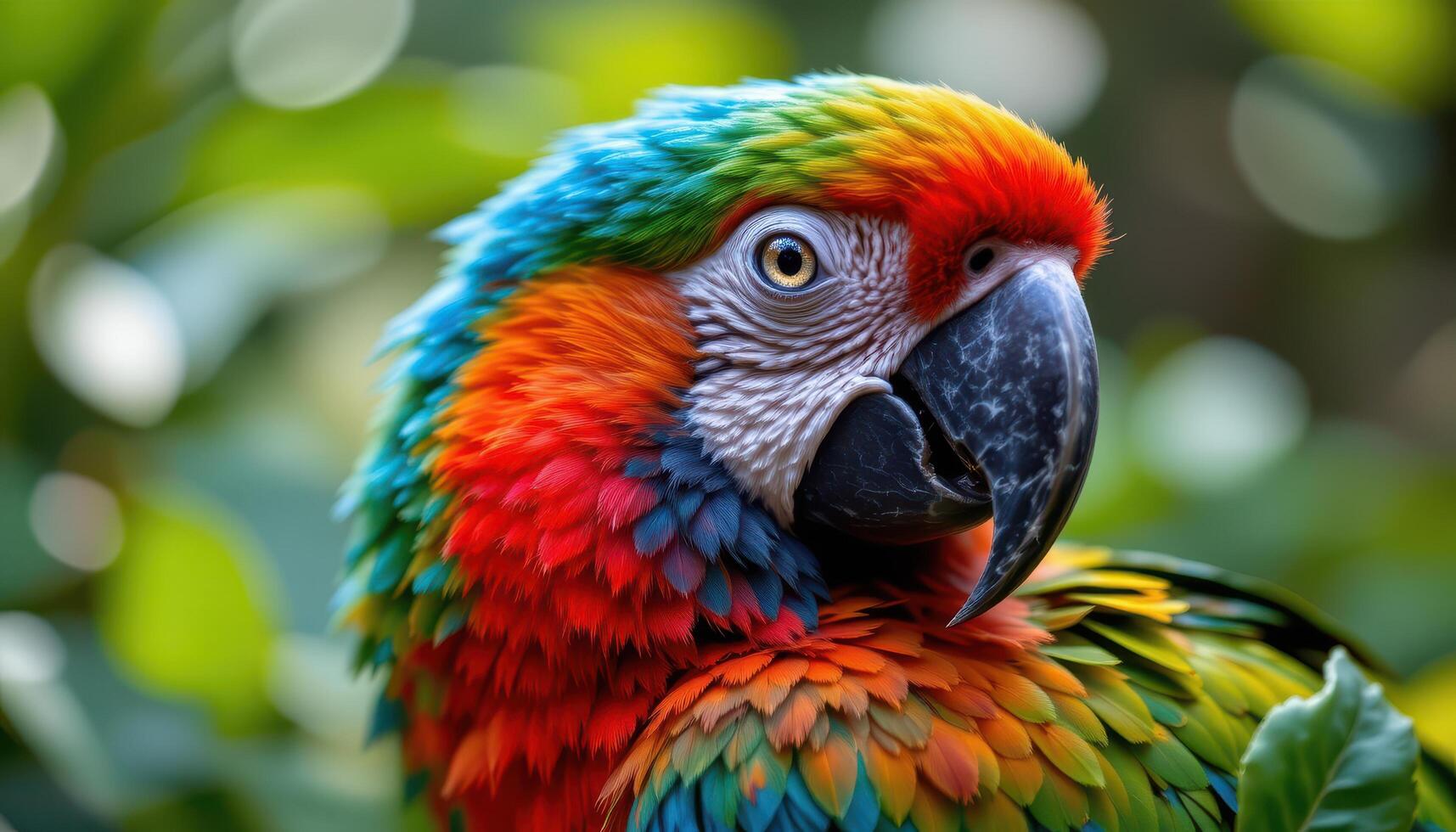 close up view of a majestic parrot with bright feathers resting calmly in a lush green environment, the image focusing on feather texture and colors. photo