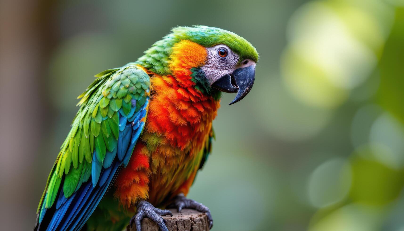 close up view of a tropical parrot perched on a delicate post, the feather alignments and hue variations displayed crisply. photo