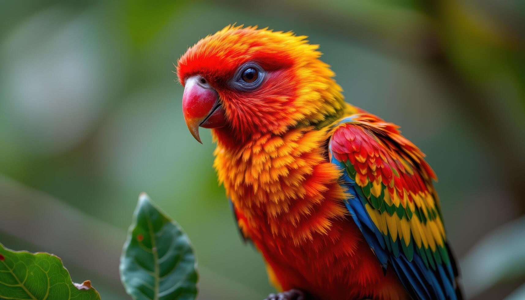 close up view of a tropical bird with bright feathers, perched on a branch with every detail of its plumage clearly visible and vibrant. photo