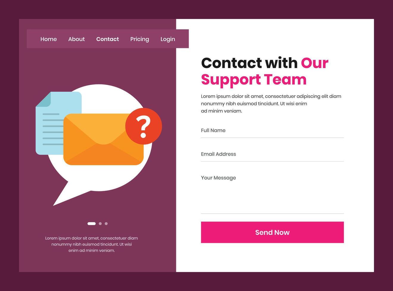 Modern contact page user interface design with minimalist FAQ representative illustration vector