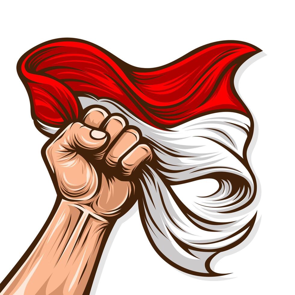 Indonesian Independence Day . Fist Holding Red and White Flag Illustration vector