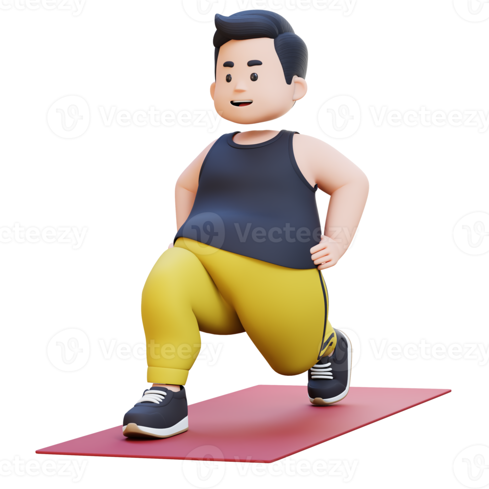 3D Plus Size Overweight obesse man Dynamic Lunges Exercise on Yoga Mat png
