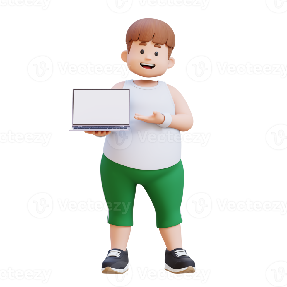 3D plus size overweight character man Presenting Laptop png