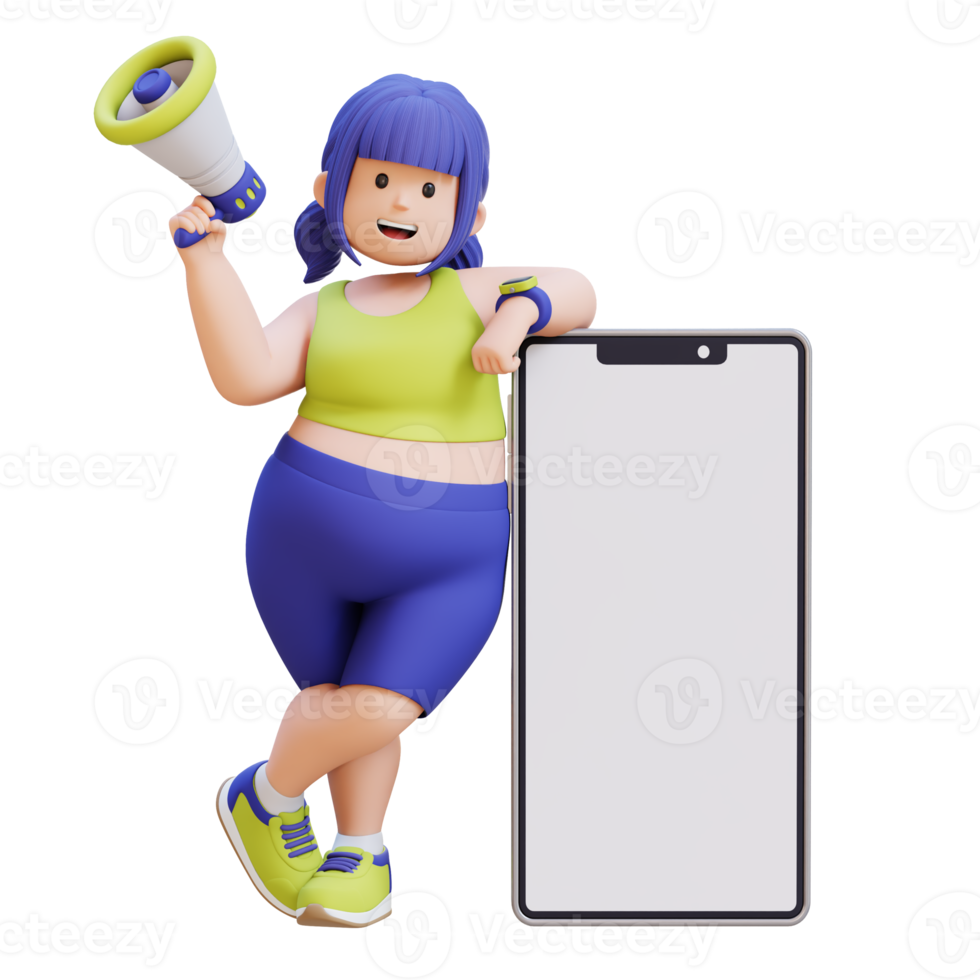 3D render plus size overweight woman with megaphone and smartphone png