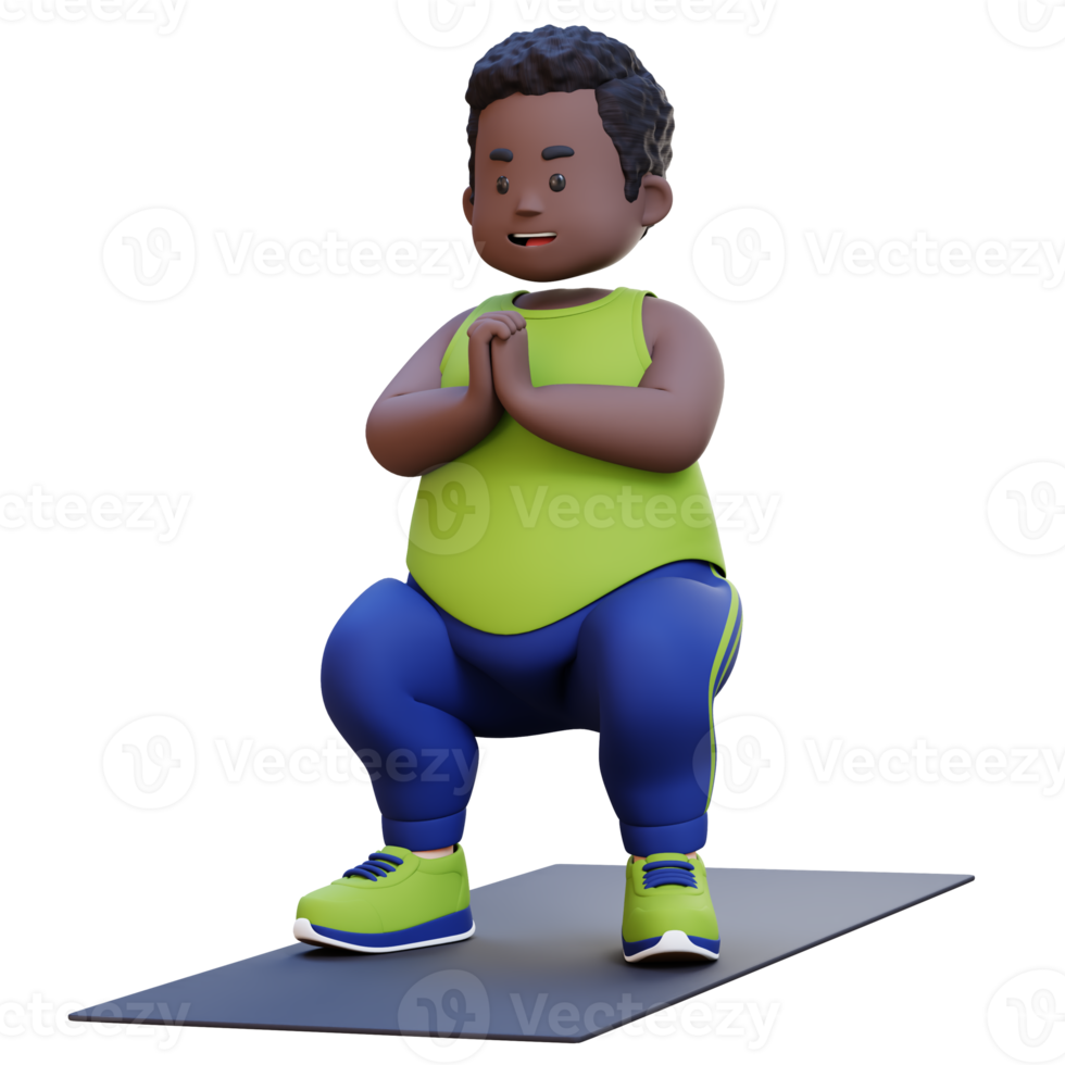 3D Plus Size Overweight obesse african man Doing Squats on a Yoga Mat png