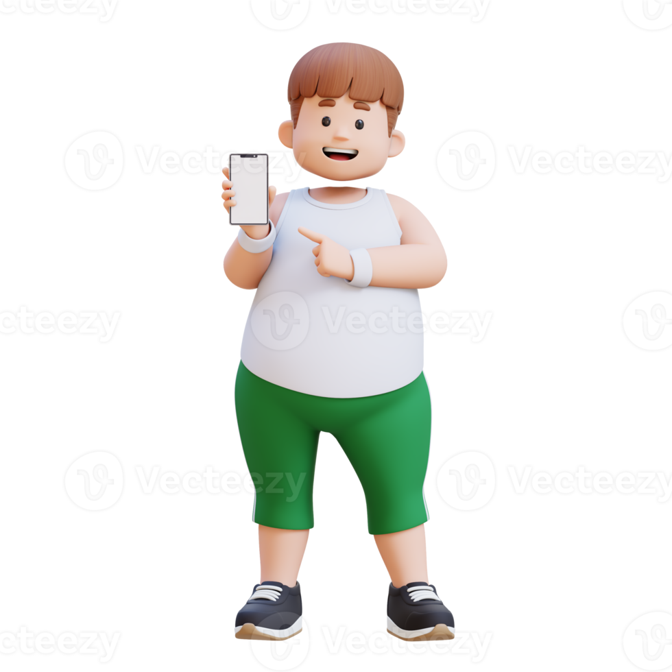 3D plus size overweight man character pointing to smartphone png