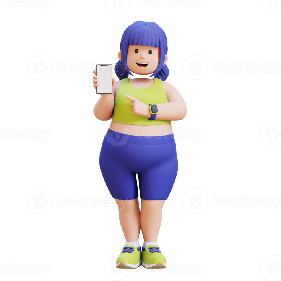 3D render plus size overweight woman pointing to smartphone png