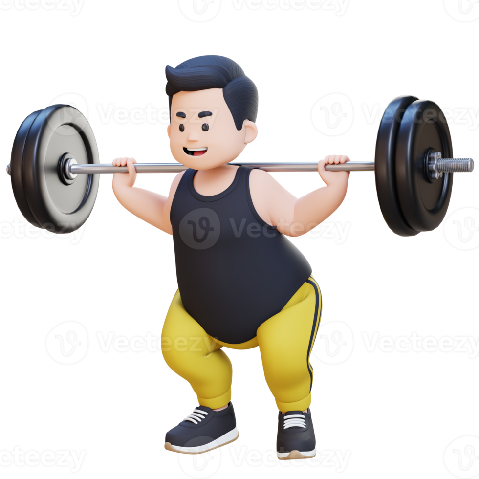 3D Plus Size Overweight obesse man doing Barbell Squat Workout png