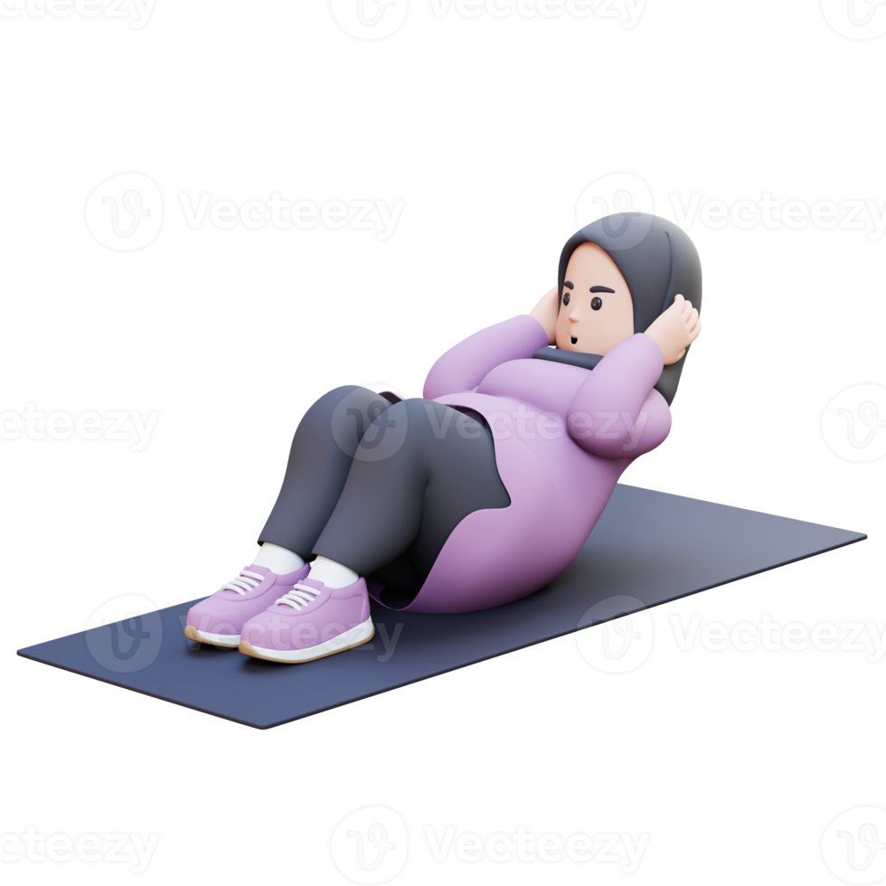 3D Plus Size Overweight muslim woman Doing Sit Ups on a Mat png