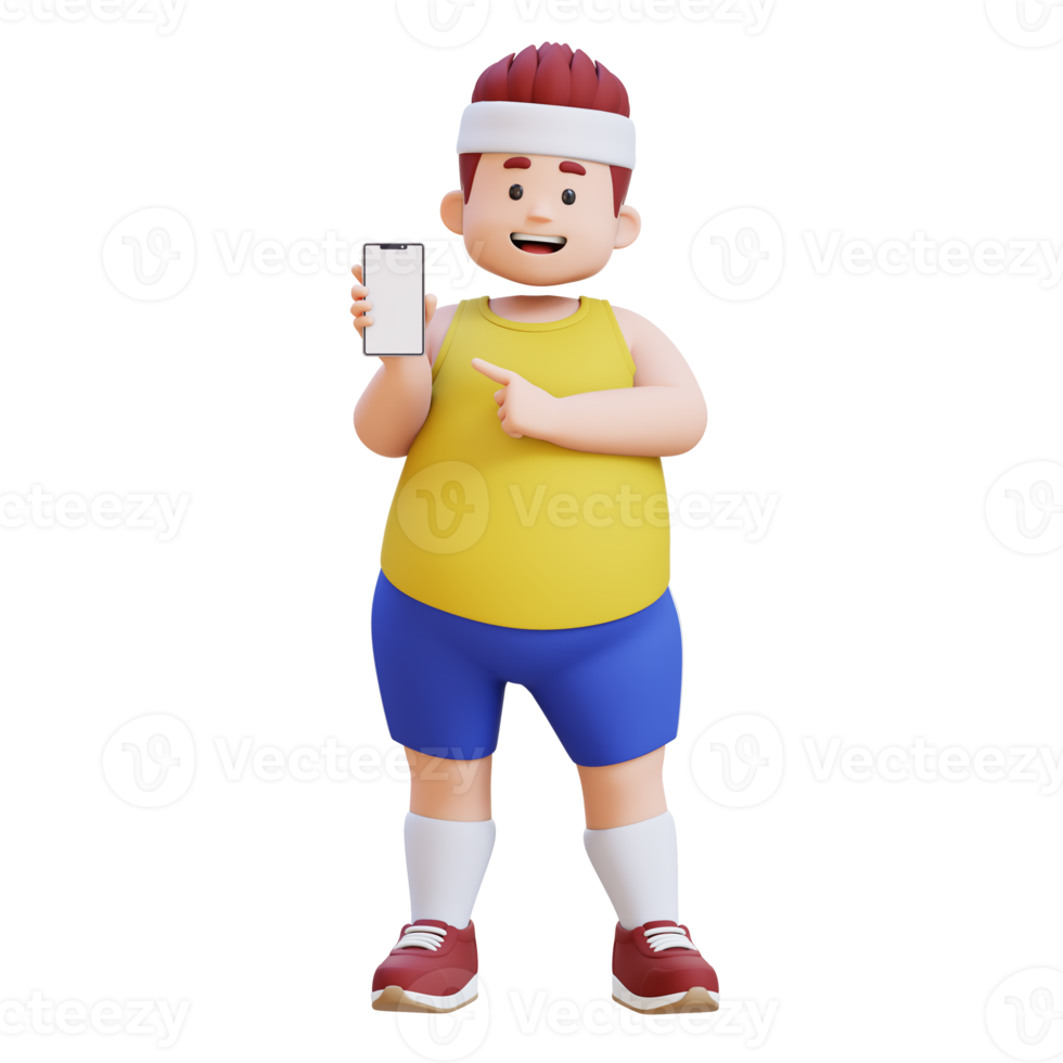 3D plus size overweight big man pointing to smartphone png