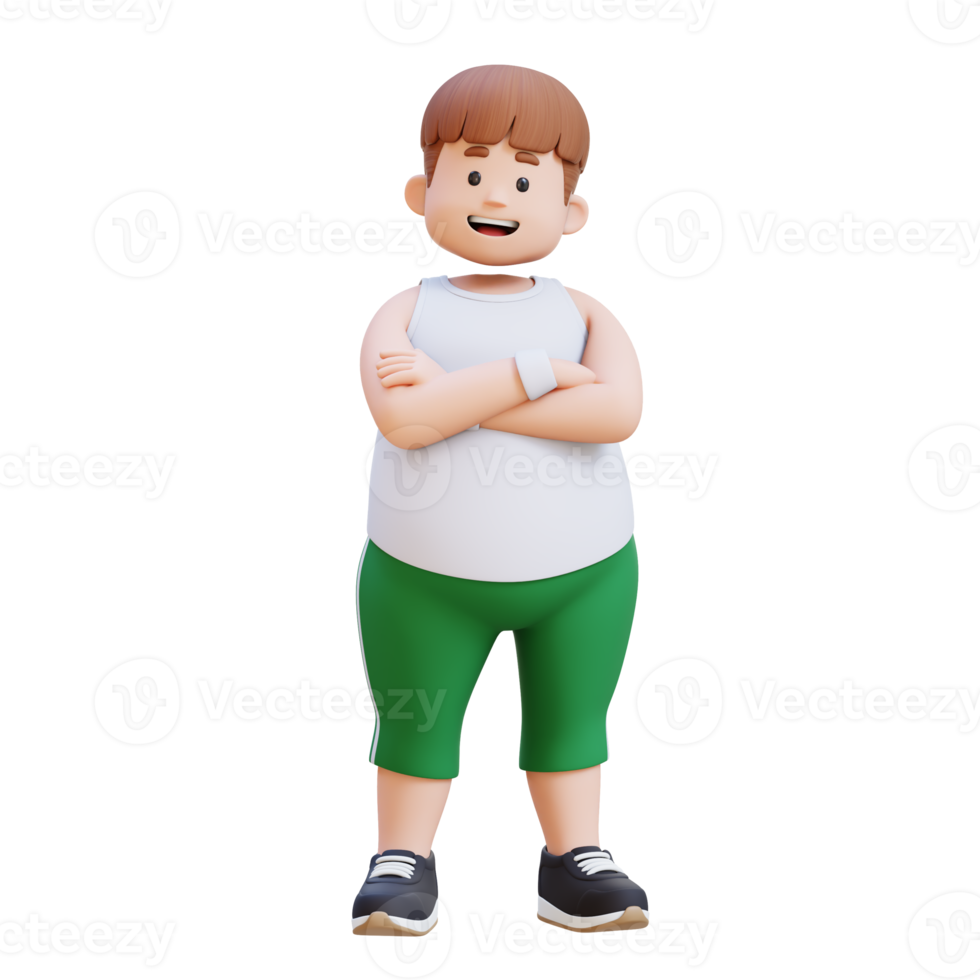 3D plus size overweight fat man character crossed arm png