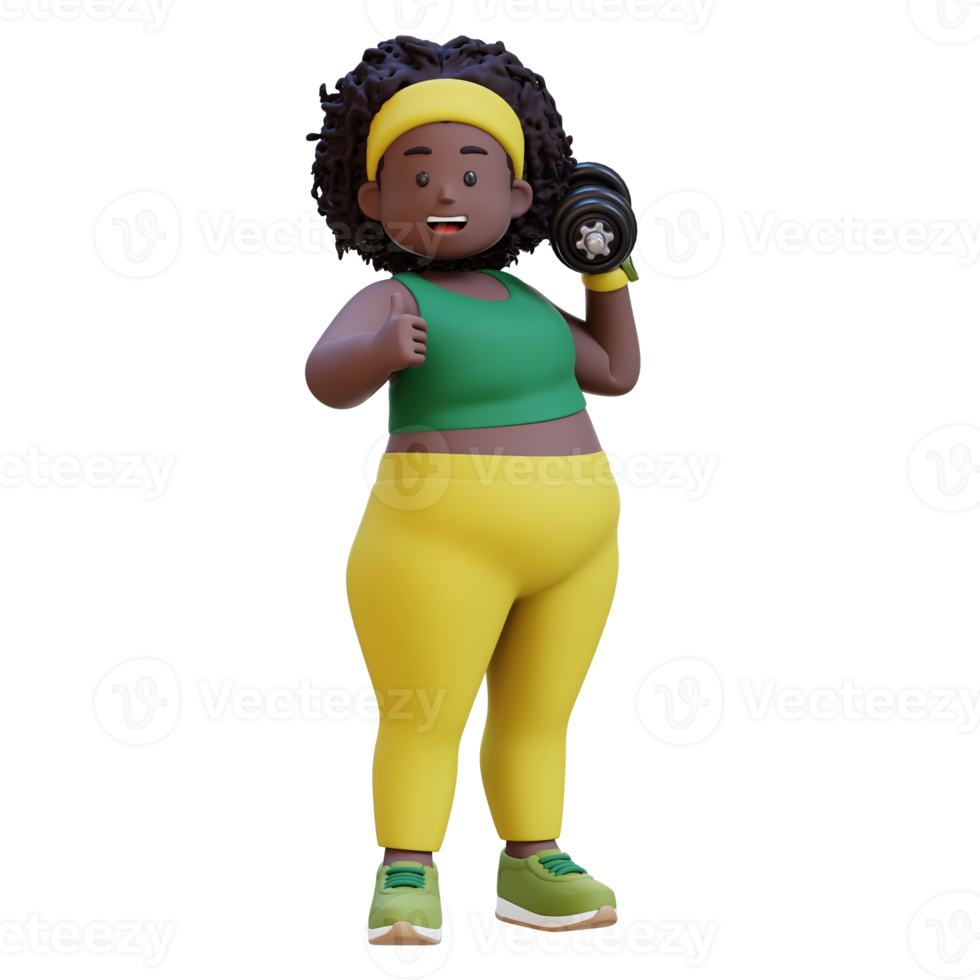 3D Plus Size Overweight african woman with Dumbbells giving thumbs up png