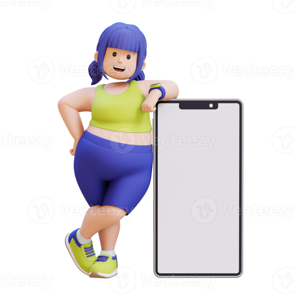 3D render plus size overweight woman Leaning on a Smartphone png