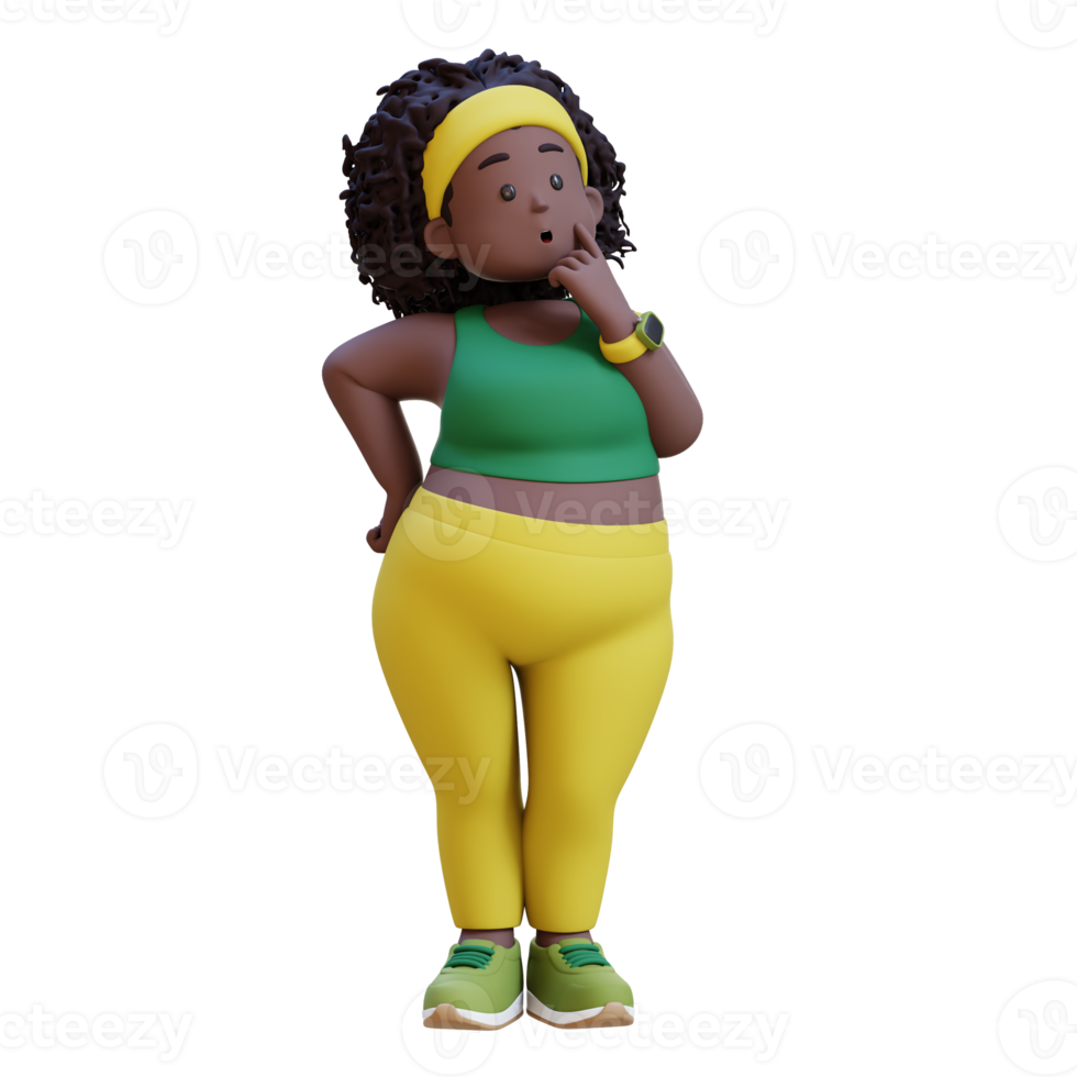 3D plus size overweight african woman thoughtfully considering something. png