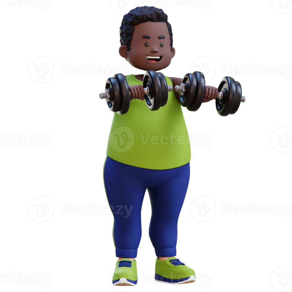 3D Plus Size Overweight obesse african man Lifting Dumbbells Front Raise png