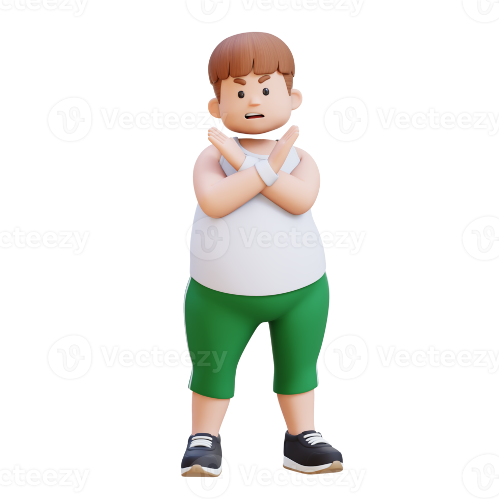 3D plus size overweight man character in refusal pose png
