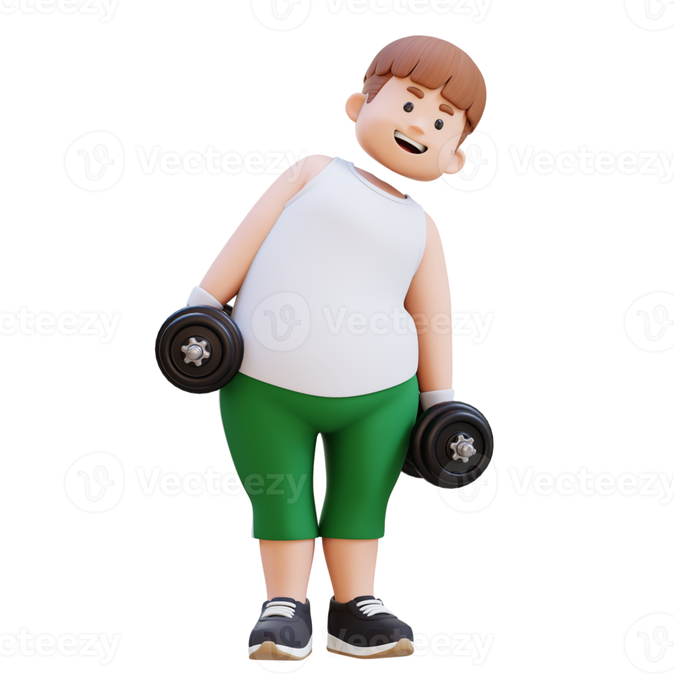 3D Plus Size Overweight Man character Dumbbell Side Bend exercise png