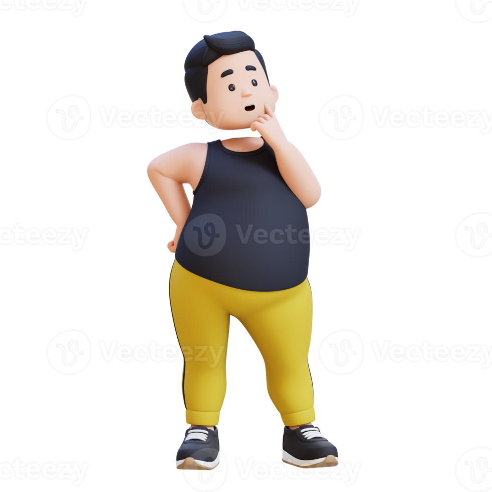 3D plus size overweight obesse man thoughtfully considering something. png