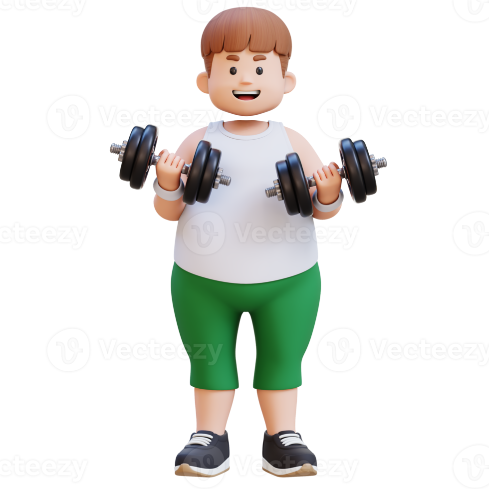 3D Plus Size Overweight Man character bicep Exercising with Dumbbells png
