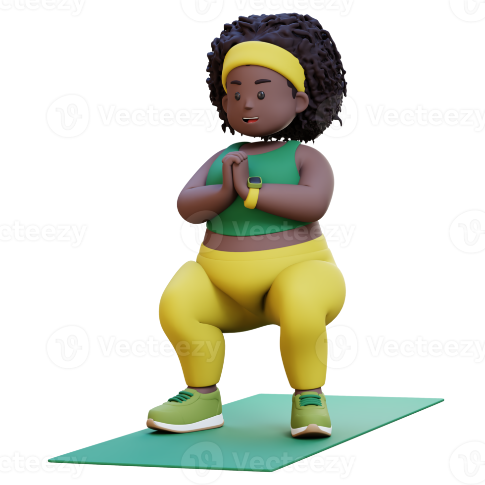 3D Plus Size Overweight african woman Doing Squats on a Yoga Mat png
