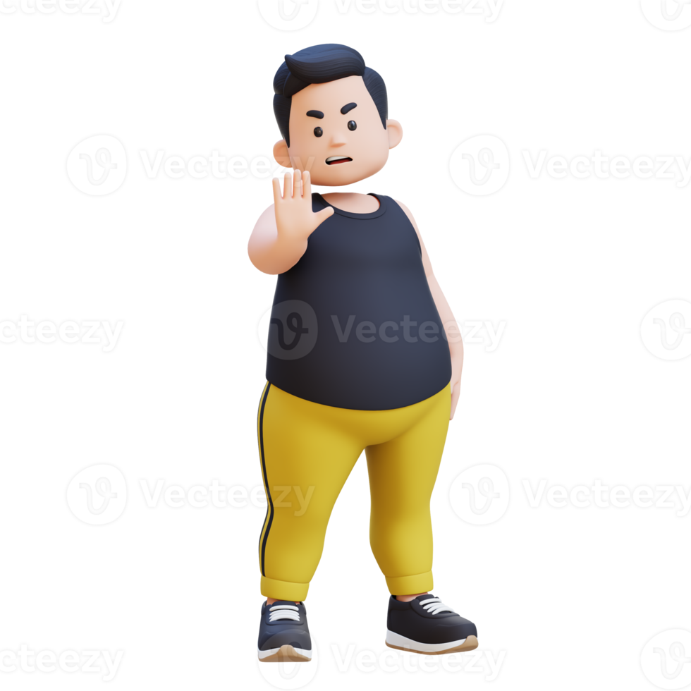 3D plus size overweight obesse man making a stop gesture Saying No png