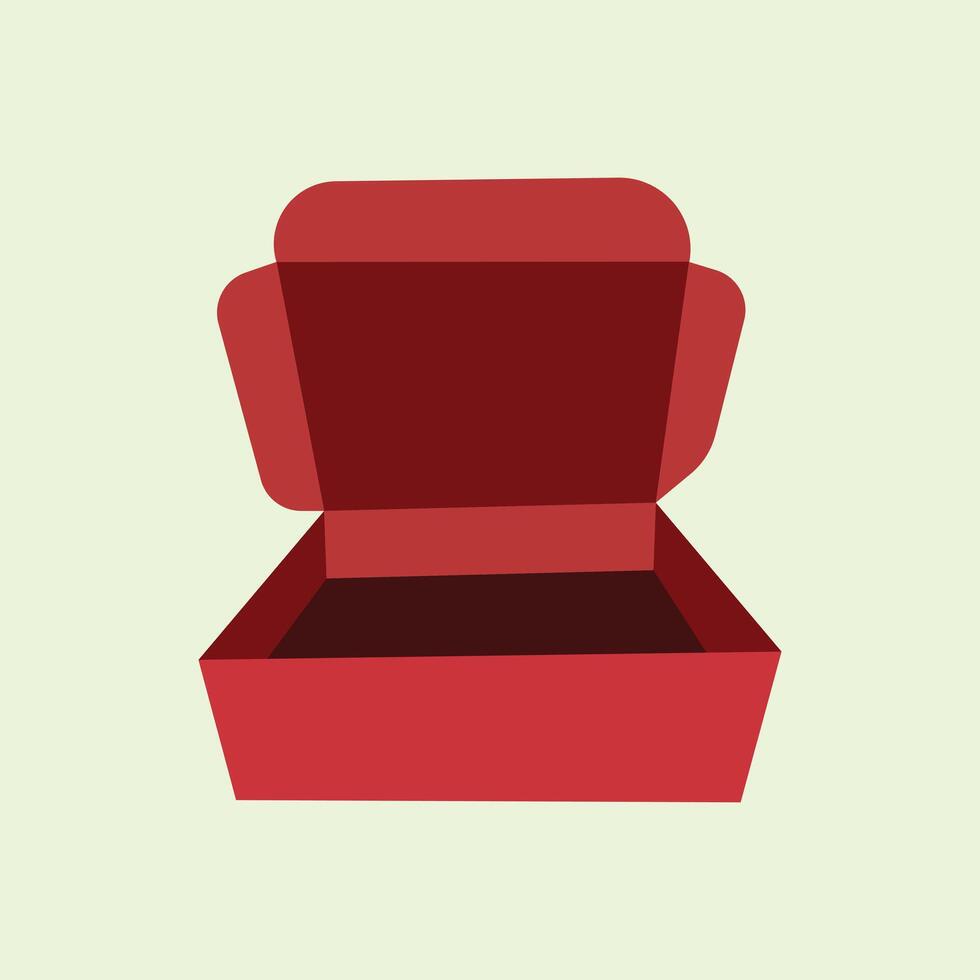 Minimalist flat illustration of red ring box with open lid, pastel green background. Suitable for wedding theme, proposal, gift or romantic graphic element in digital projects vector