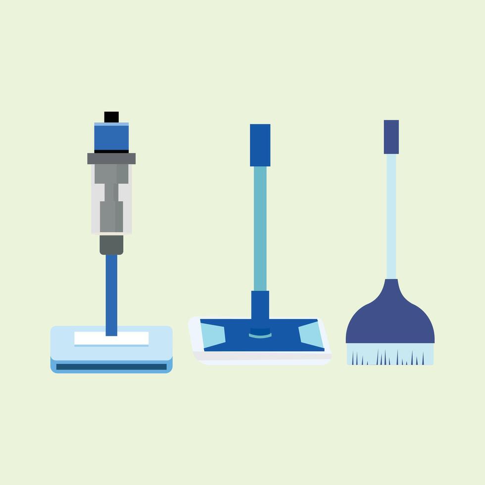 Illustration of home cleaning tools consisting of a spray mop, a flat mop, and a long-handled brush. Suitable for household design, cleaning activities, and daily cleaning supplies vector