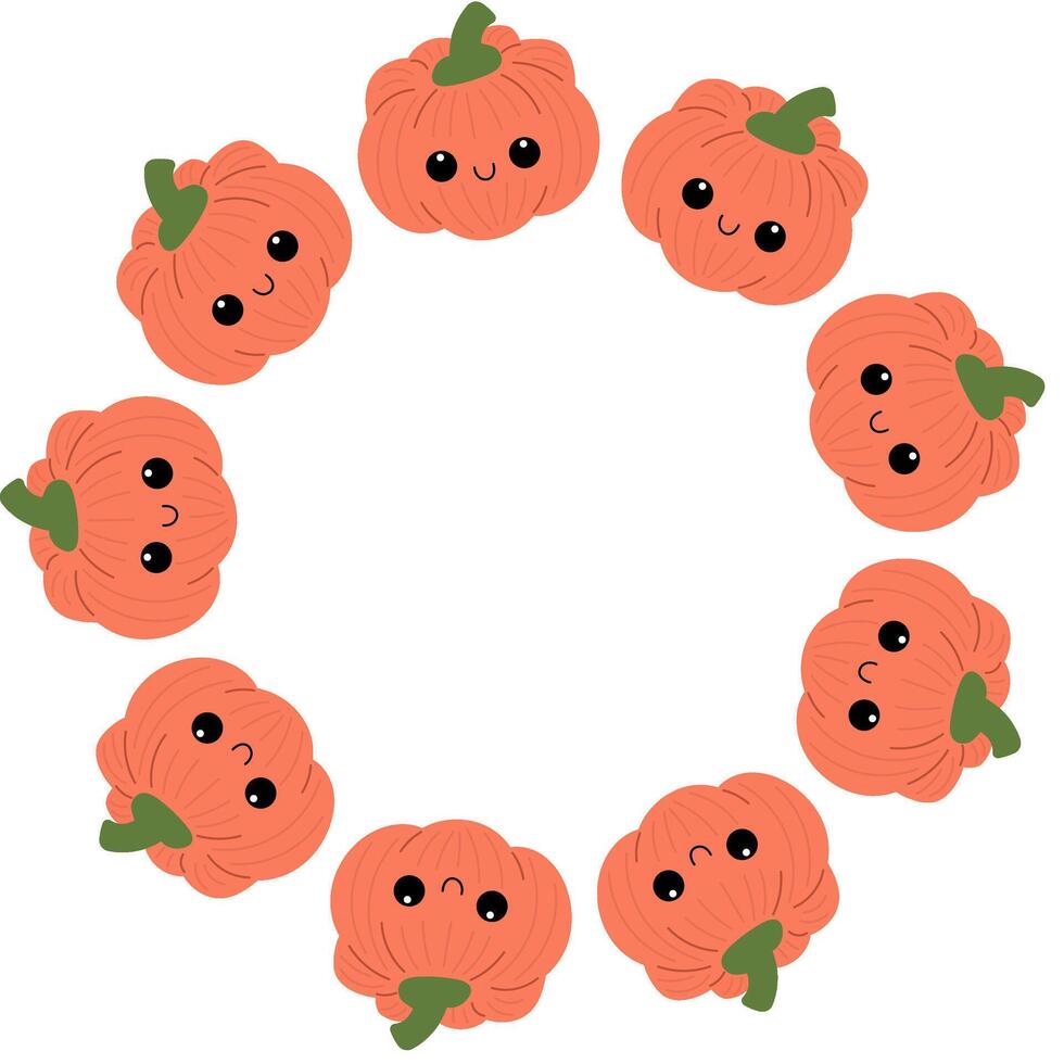 Cute pumpkin with smiling face in round frame. Halloween wreath. Decoration round frame. vector