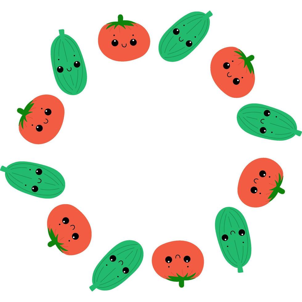 Cucumber and tomato round frame with smiling faces. Kawaii vegetables in wreath. vector