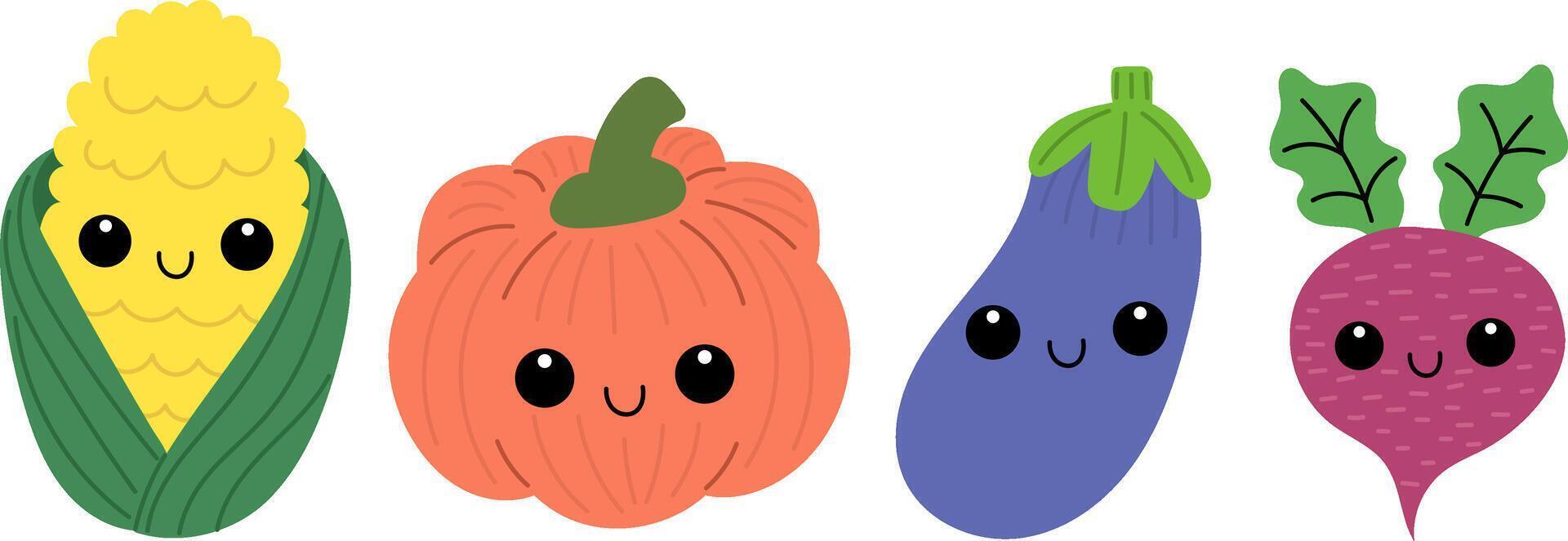 Set of kawaii veggies. Colorful collection of vegetables. Smiling faces. vector