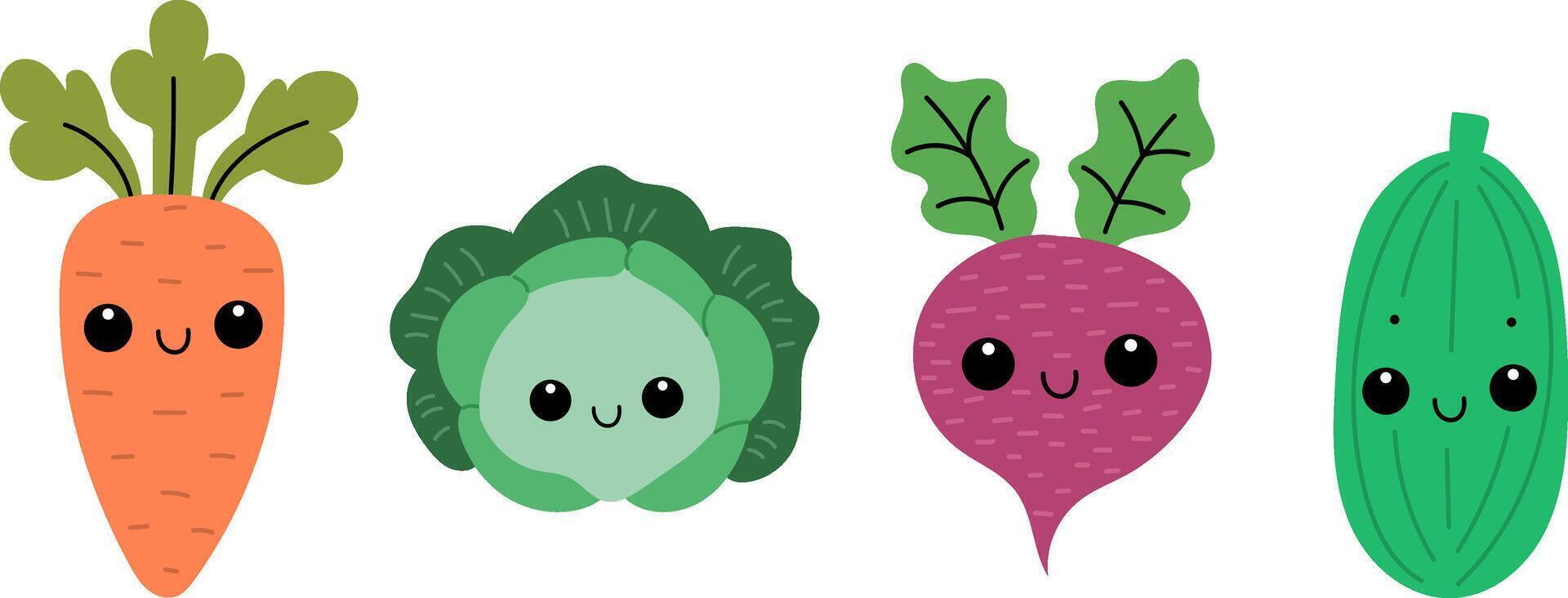 Set of cute vegetables in kawaii style. Smiling veggies set. vector